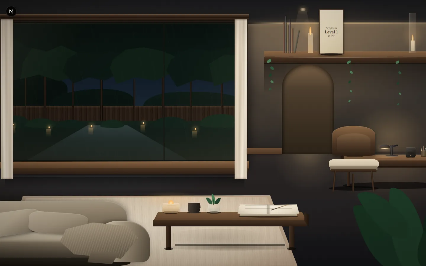 Modern Cozy — a wide view of the warm loft with rain on the window, sofa, and desk